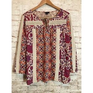 New Directions Boho Top Womens XL Rust & Beige Floral Embroidery Trim Tie Neck